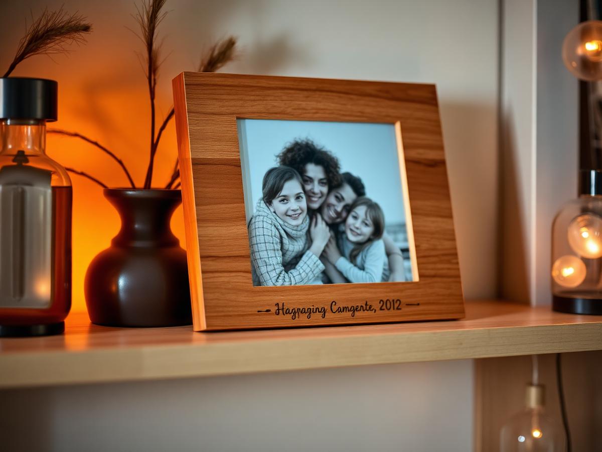 Engraved wooden photo frame with a family portrait
