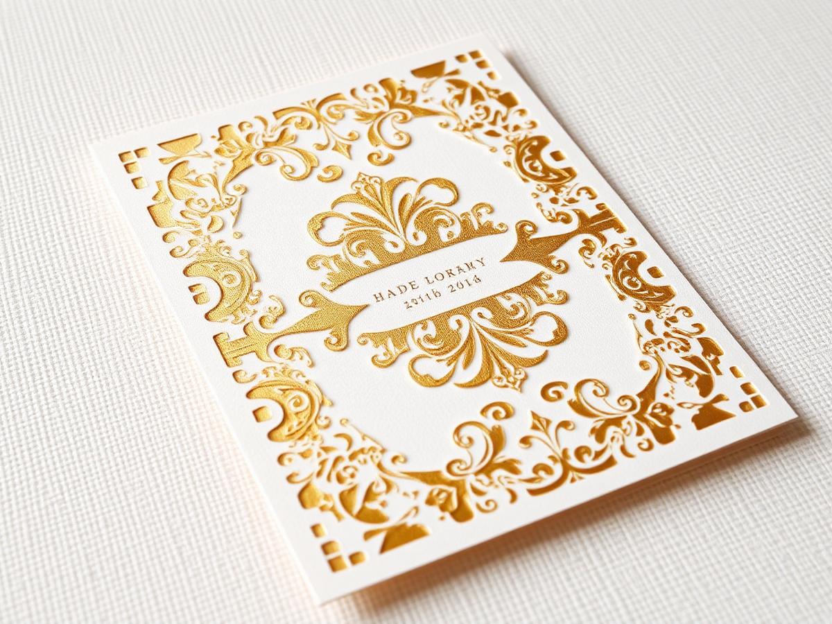 Laser cut wedding invitation card with gold foil detailing
